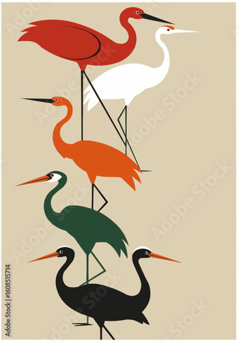 Mid century modern art vector illustration of birds 