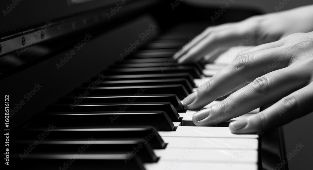 Obraz premium Monochromatic symphony: A pianist's touch on the ivory and ebony keys