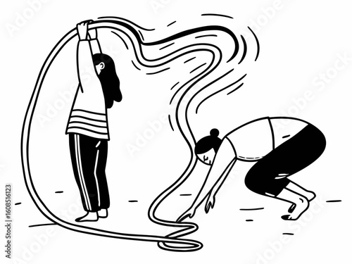 Two women practicing rhythmic gymnastics with a rope