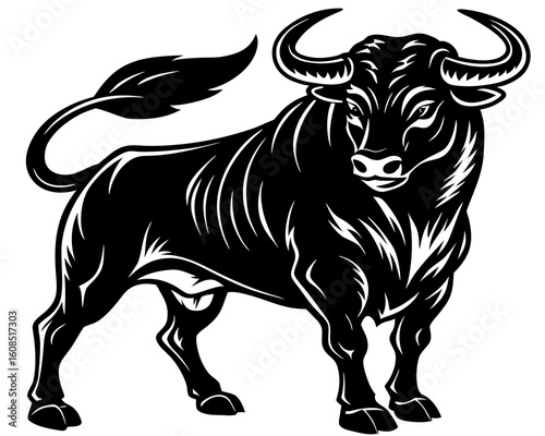 Powerful black bull standing proudly with strong musculature and large horns