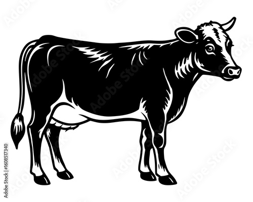 Black and white illustration of a standing cow in profile