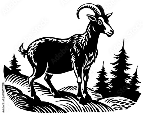 Black and white goat standing on a road with a white background illustration