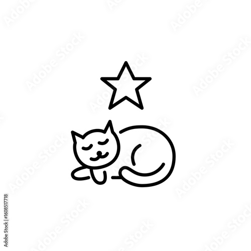 Sleeping cat and star. Pet adoption, veterinary services, premium care. Home comfort and safety. Pixel perfect, editable stroke vector icon