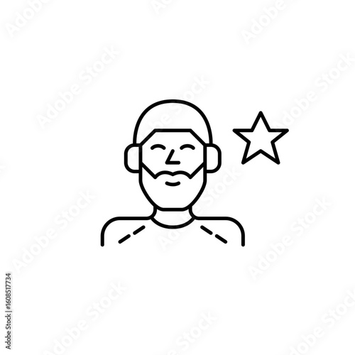 Man in headphones and star. Favorite streamer, podcaster. Listening to music or audio. Pixel perfect, editable stroke vector icon