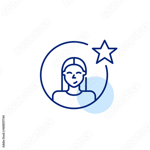 Female user profile and star. Trusted member, award winning contributor. Pixel perfect, editable stroke vector icon