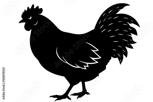 Black silhouette of a rooster standing proudly on a white background