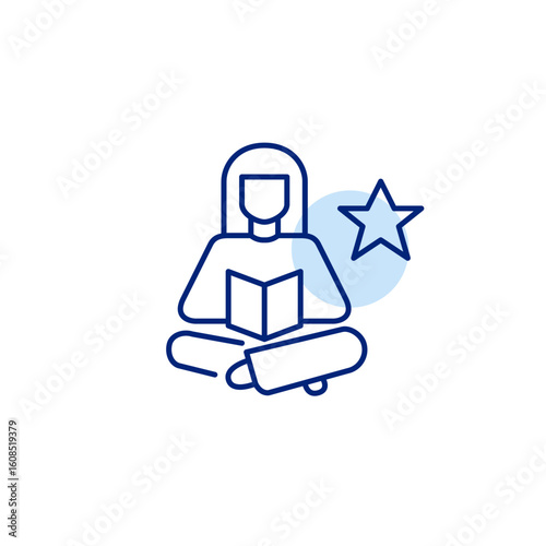 Woman reading a book and star. Favorite learning resources. Award-winning books. Pixel perfect, editable stroke vector icon