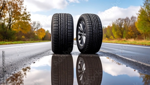Two tires on a wet road, autumn scenery