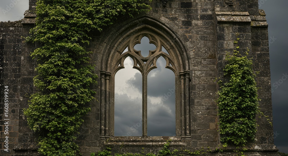 Fototapeta premium A weathered stone archway window, overgrown with greenery, revealing a cloudy sky