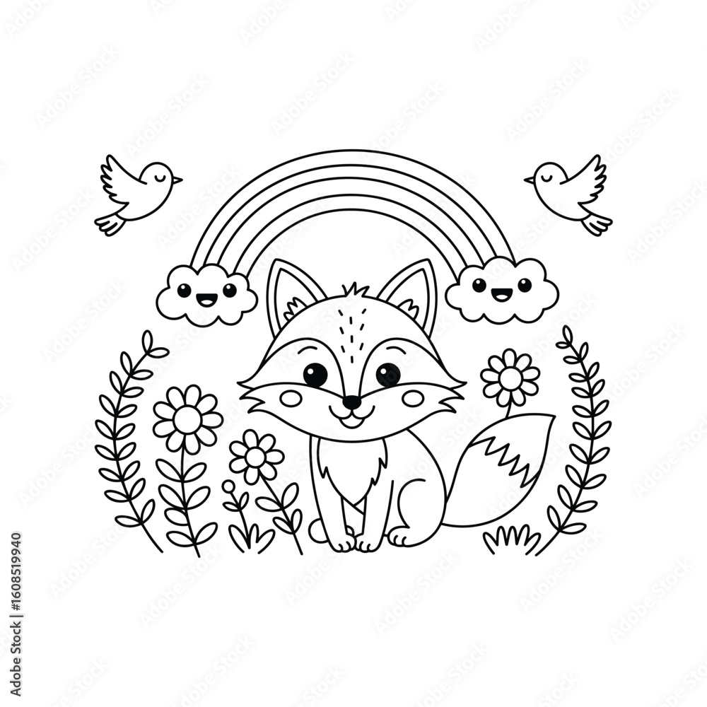 Fototapeta premium Cute Fox Coloring Page for Kids, Adorable Animal with Rainbow, Birds, and Flowers, Fun Printable Line Art for Children’s Activity and Learning