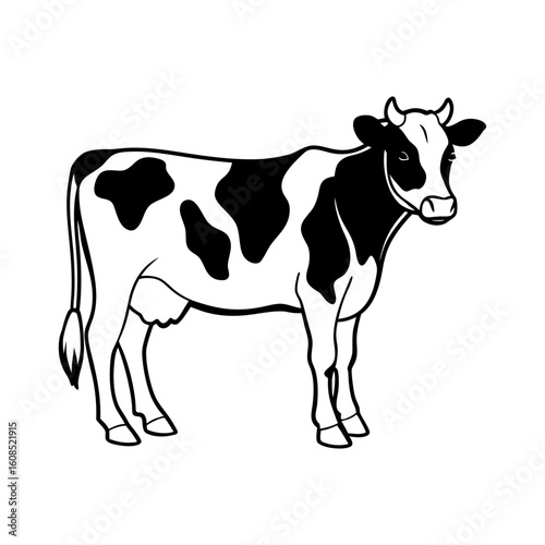 Vector art of a black and white cow stands peacefully, isolated on white background, representing farm life and dairy production