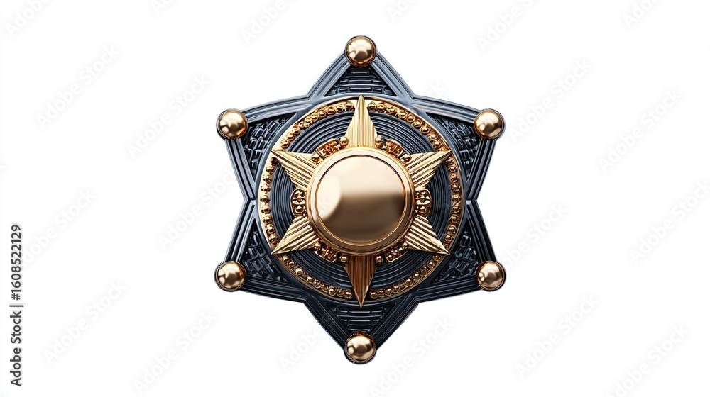 Naklejka premium A detailed, gold and black metallic star badge with a central star design, isolated on white