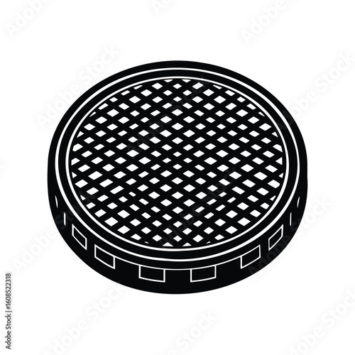 Black and white graphic rendering of a patterned sewer cover design