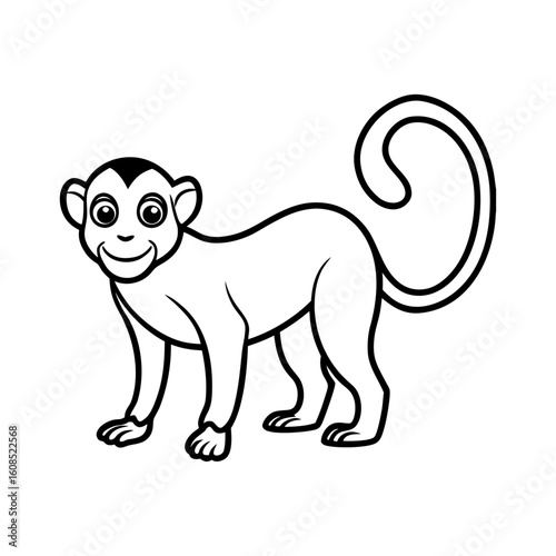 Vector art of a cute monkey with a long tail stands upright, isolated on white background, its friendly face and playful expression creating a charming image