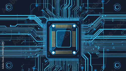  Technology connected blue lines with electronics elements on tech bg. Computer motherboard with a chip, processor, and semiconductor
