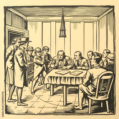 Vintage Woodcut Illustration Depicting Criminal Law Proceedings