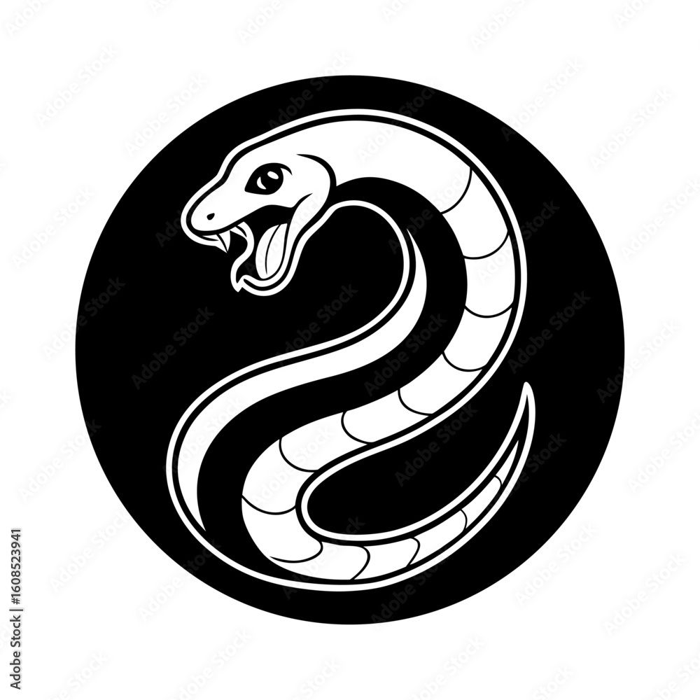 Fototapeta premium Vector art of a striking black and white illustration of a snake coiled within a circle, symbolizing danger and power
