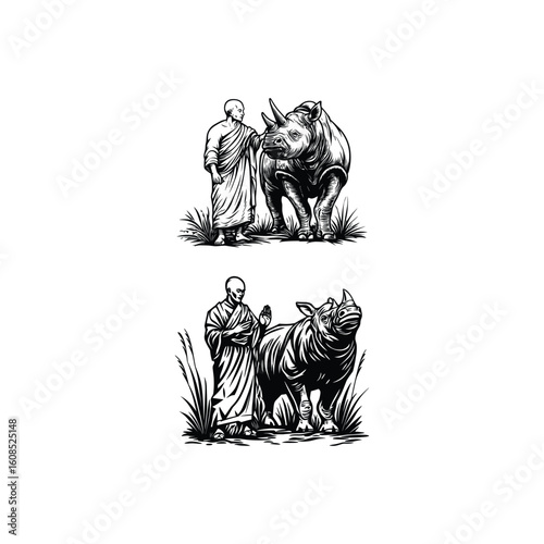 Black and white classical engraving style vector illustration featuring a peaceful interaction between a monk and a rhinoceros.