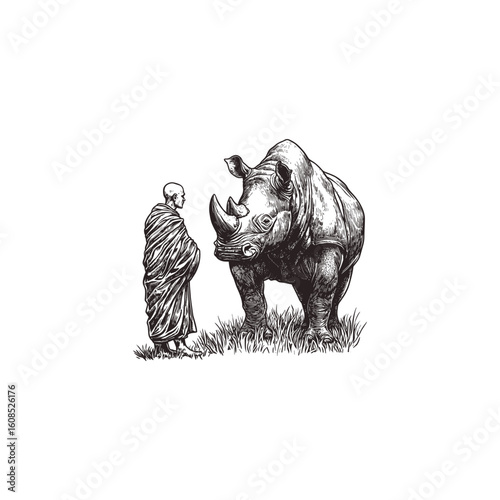 Black and white classical engraving style vector illustration featuring a peaceful interaction between a monk and a rhinoceros.