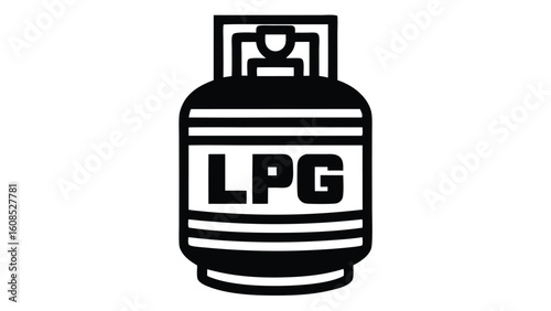 Black line art icon of a gas cylinder with lpg letters propane fuel