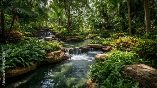 Small waterfall and stream flowing through a green forest landscape