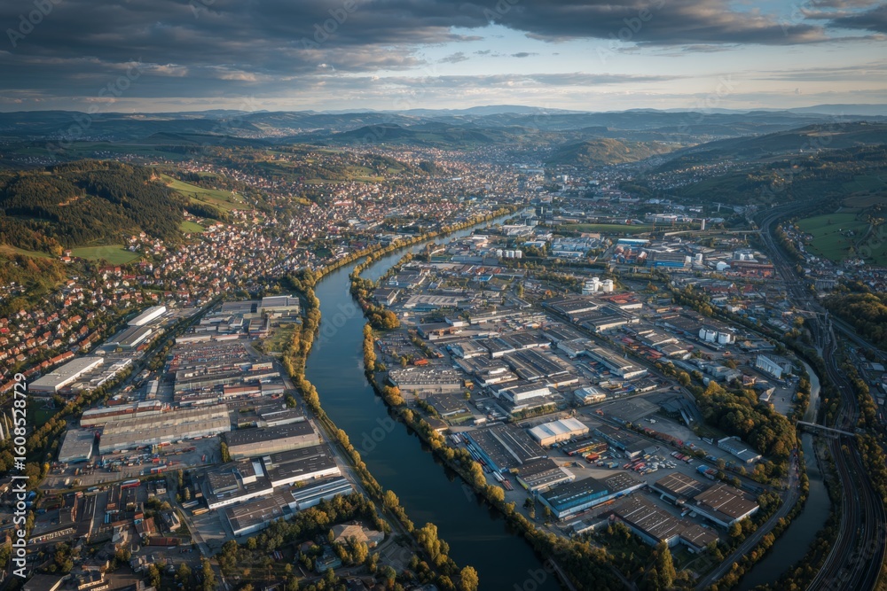 Obraz premium Drone shot of green logistics project in germany. Modern logistics. Revitalization of german brownfields peaks in 2025 logistics sector. Construction shift. Logistics innovation.