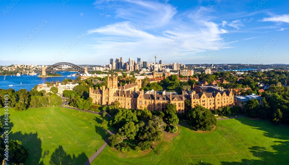 Naklejka premium Panoramic view of a historic university campus nestled amidst parkland, overlooking a city skyline and harbor
