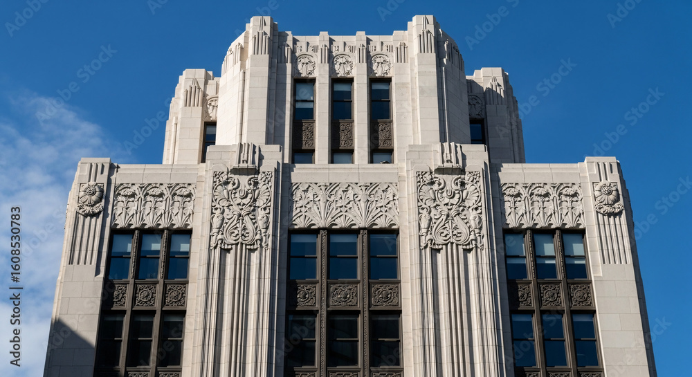 Obraz premium Ornate Art Deco Facade of a Modernist Skyscraper.