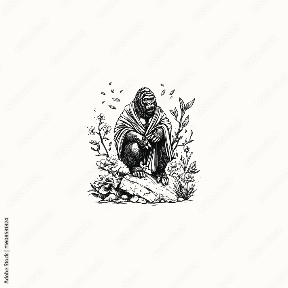 Obraz premium Gorilla calmly on a rock, wearing robes like a monk or ancient philosopher illustration vector template