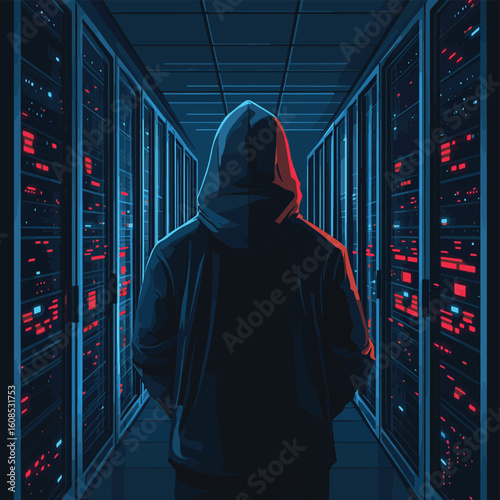 the hooded hacker from behind standing among working servers. Security technology, vector style simple color