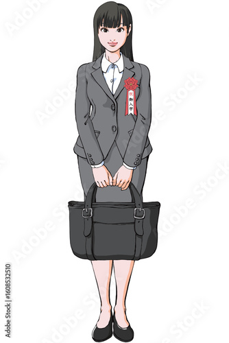 大学入学式_スーツ姿の若い女性_直立正面全身微笑.eps