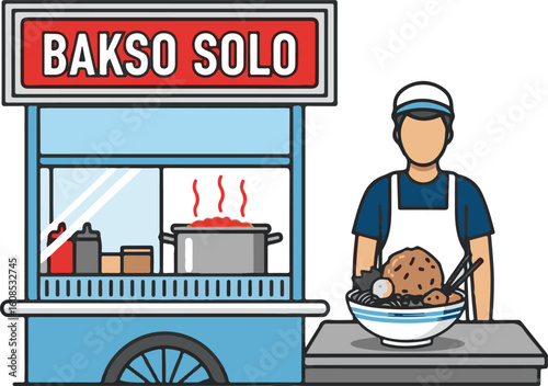 Illustration of an Indonesian street food vendor selling Bakso Solo from a traditional cart