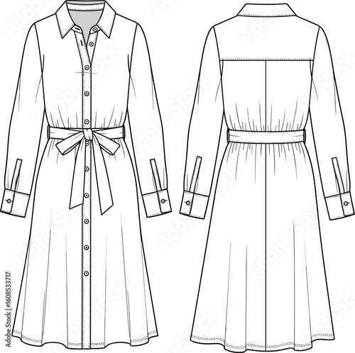 Shirt dress flat sketch with collar, waist belt, long sleeves, front and back view, technical fashion vector drawing