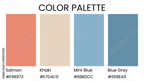 Modern color palette with salmon, khaki, mint blue, and blue gray.