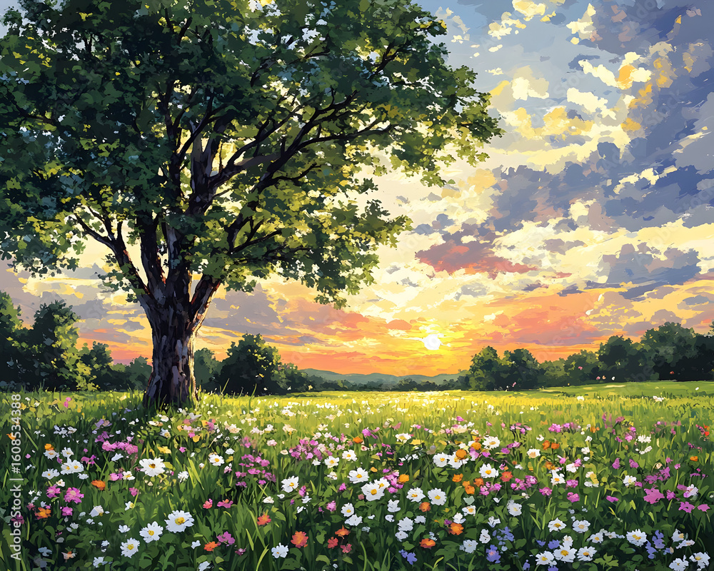 Fototapeta premium Sunset Meadow Painting Illustration