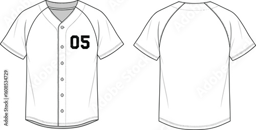 Baseball jersey flat sketch with short sleeves and front number, vector fashion CAD template, front and back technical view
