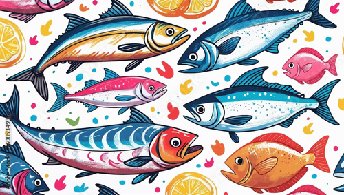 Colorful funky crayon drawn decorative sardines. Cartoon stickers of fish