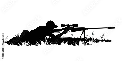 Black silhouette vector illustration of an armed military sniper or hunter with a rifle aiming to shoot