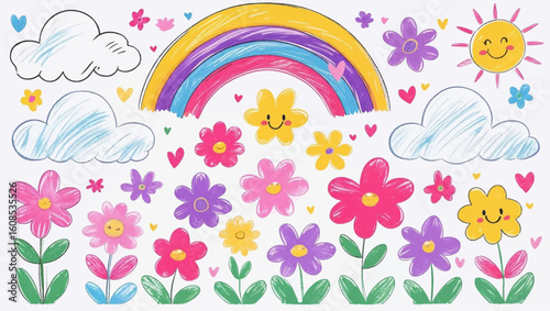 Crayon drawn kid doodle collection. Colorful childish elements like clouds, flowers, bows, rainbows and sun