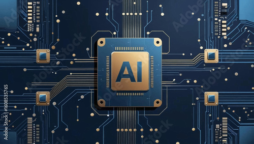 Digital AI chip, semiconductor, and CPU on dark blue technology background