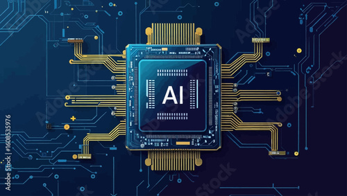 Digital AI chip, semiconductor, and CPU on dark blue technology background
