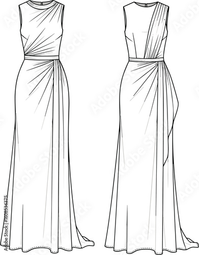 Elegant long evening dress vector, front and back view, technical flat sketch, sleeveless gown design, fashion CAD drawing illustration