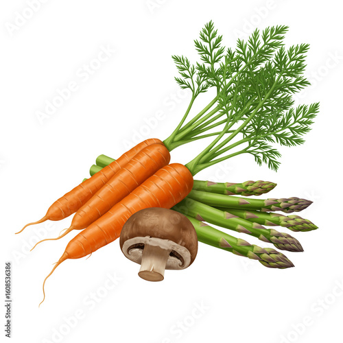 Carrots with Tops, Tender Asparagus, and Mushroom in Natural Light