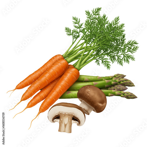 Healthy Vegetables: Carrots, Mushroom, and Asparagus in Sharp Focus