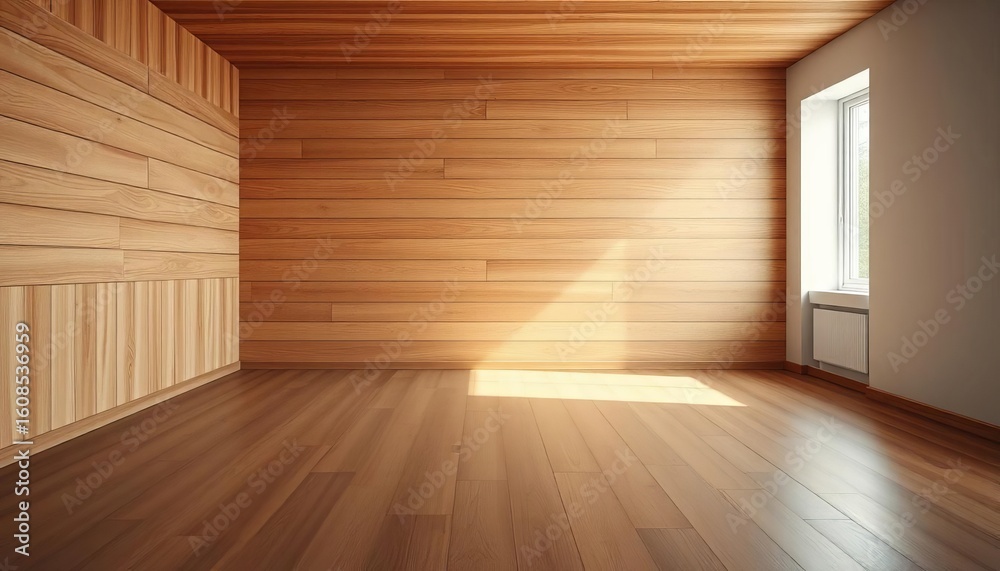 Fototapeta premium Minimalist empty room, wood panel wall, natural light, serene space, clean, zen style