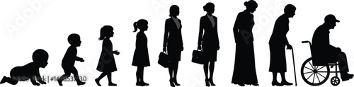Silhouette illustration of human life stages, baby to elderly, wheelchair, aging process, side view, isolated concept, growth and development
