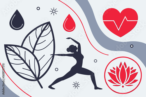 Mindful design featuring abstract organic shapes and calm, earthy tones. Icon accents like heartbeat and lotus bring a wellness vibe perfect for lifestyle and health apps.