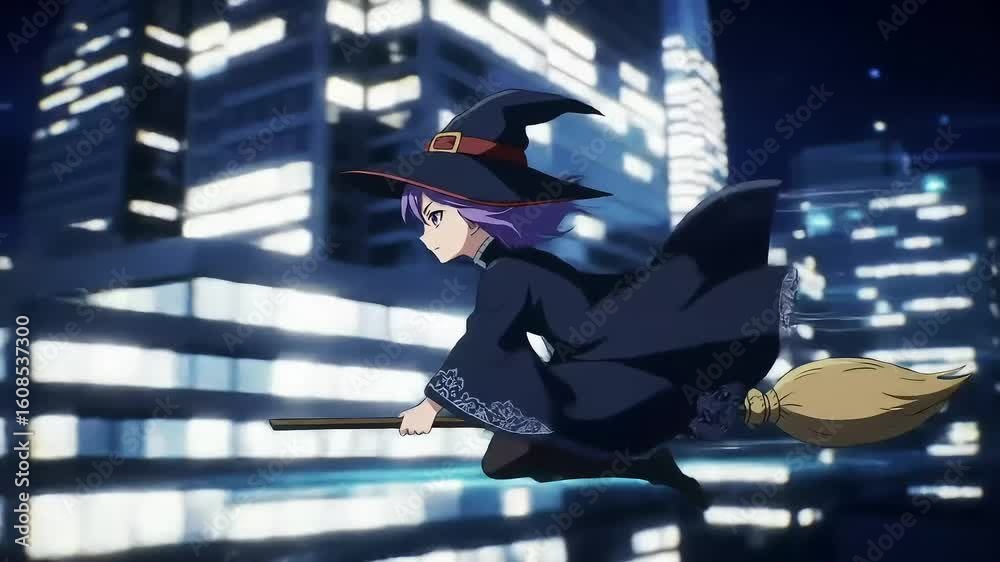Animated girl, a witch with purple hair, on a broom flying through a city night with illuminated skyscrapers and one star