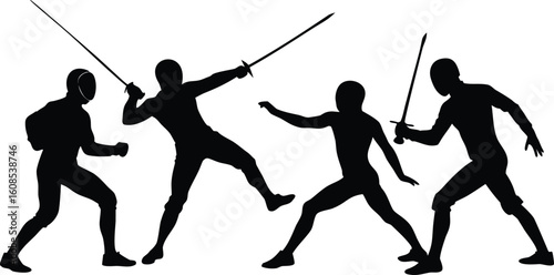 Vector art of silhouettes of fencers engaged in a dynamic duel, lunging and defending with swords isolated on transparent background.