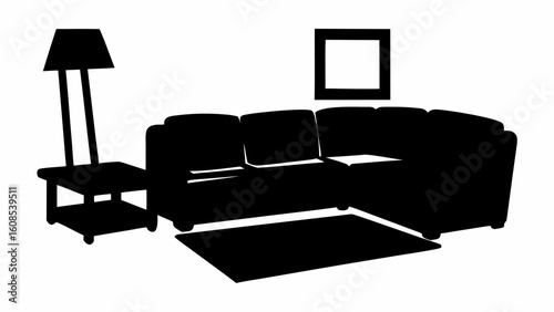 Silhouette of a living room interior with a sectional sofa lamp table rug and framed picture on the wall | editable eps vectors